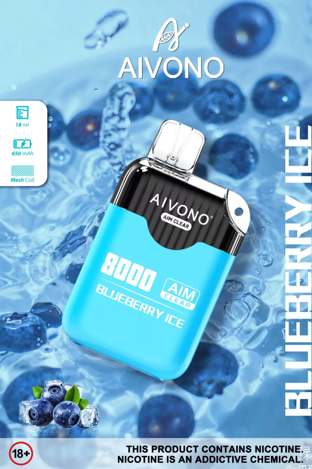 Aivono 8000 - Nicotine Free 0% - Blueberry Ice Disposable Va