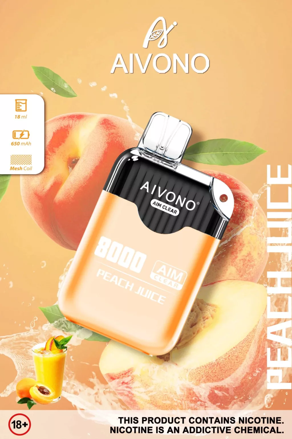 Aivono 8000 - Nicotine Free 0% - Peach Ice Disposable Vape