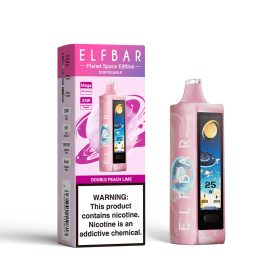 ELF BAR PLANET 25000 disposable vape with double peach lime flavor and 5% nicotine, rechargeable.