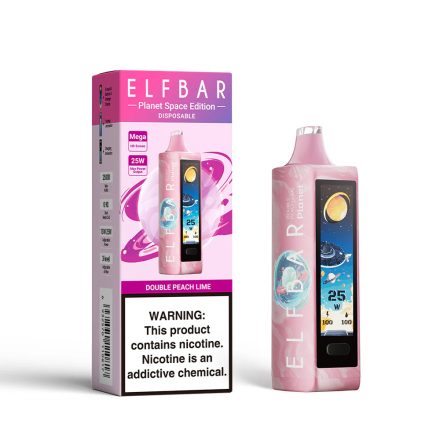 ELF BAR PLANET 25000 disposable vape with double peach lime flavor and 5% nicotine, rechargeable.