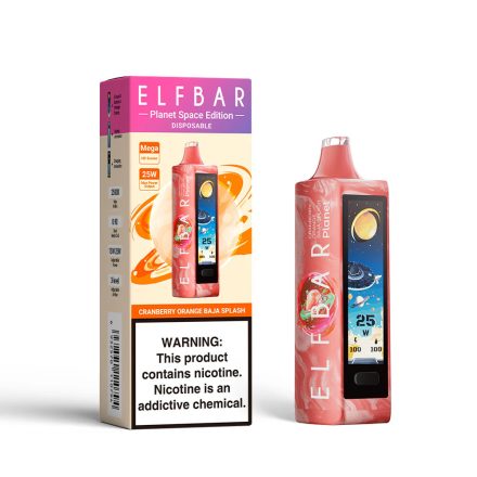ELF BAR PLANET 25000 disposable vape with cranberry orange Baja Splash flavor and 5% nicotine, rechargeable.