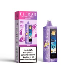 ELF BAR PLANET 25000 disposable vape with grape flavor and 5% nicotine, rechargeable.