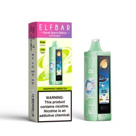 ELF BAR PLANET 25000 disposable vape with grapefruit green tea flavor and 5% nicotine, rechargeable.