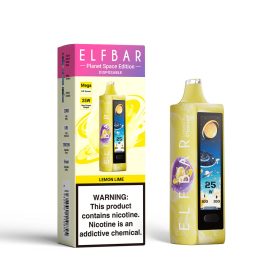 ELF BAR PLANET 25000 disposable vape with lemon lime flavor and 5% nicotine, rechargeable.