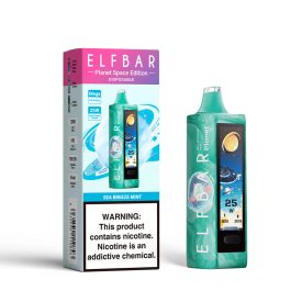 ELF BAR PLANET 25000 disposable vape with sea breeze mint flavor and 5% nicotine, rechargeable.