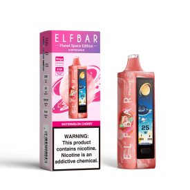 ELF BAR PLANET 25000 disposable vape with watermelon cherry flavor and 5% nicotine, rechargeable.