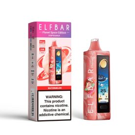 ELF BAR PLANET disposable vape with watermelon flavor and 5% nicotine, rechargeable.